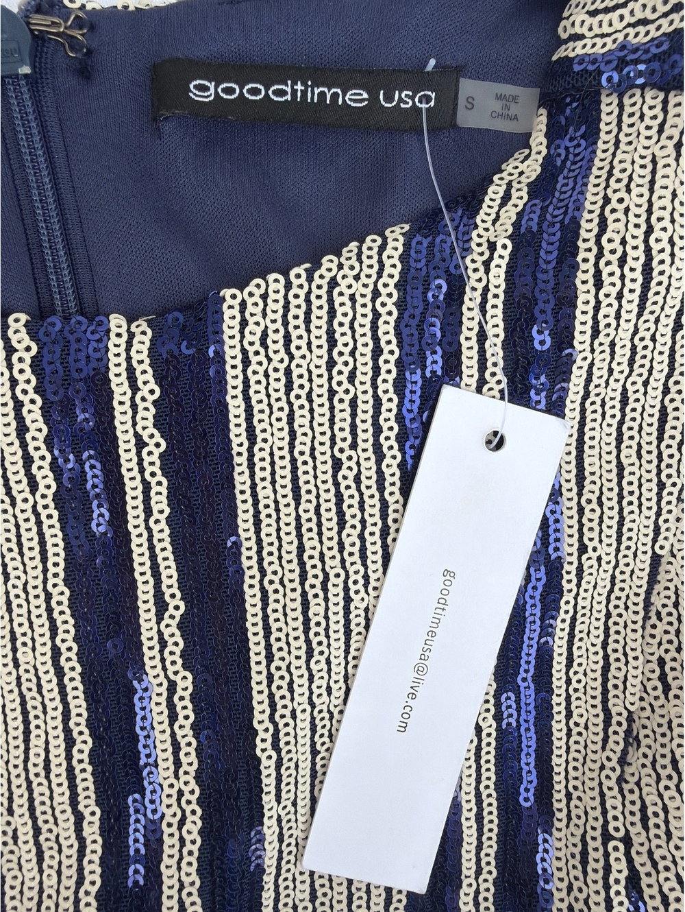 Goodtime USA Women's S Navy Silver Sequin Striped Bell Sleeve Mini Dress - Picture 6 of 8